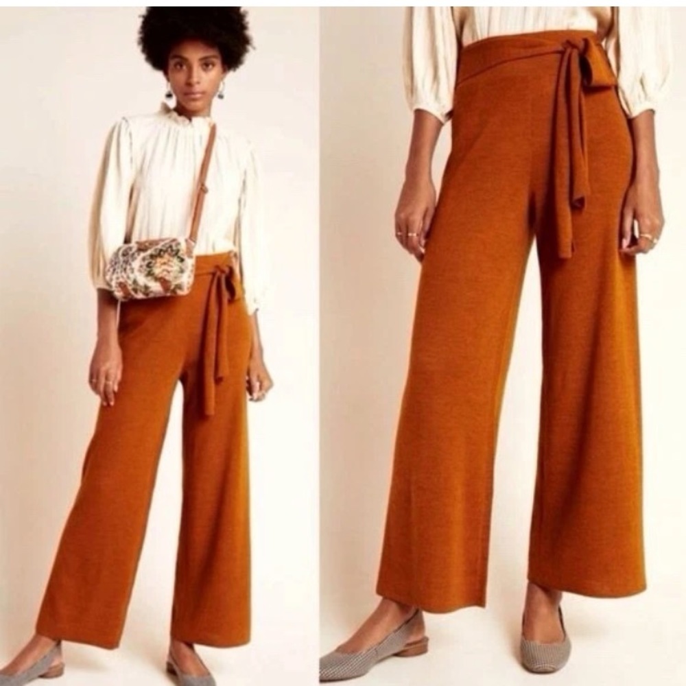Anthropologie Rust Tie-Waist Wide-Leg Pants